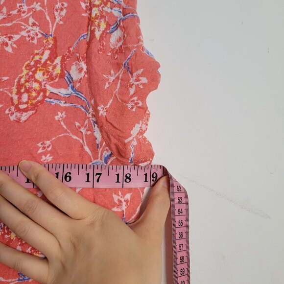 DR2 Coral Pink Floral Faux Wrap Flutter Short Sleeve V Neck Midi Dress Sz Medium - Picture 7 of 12
